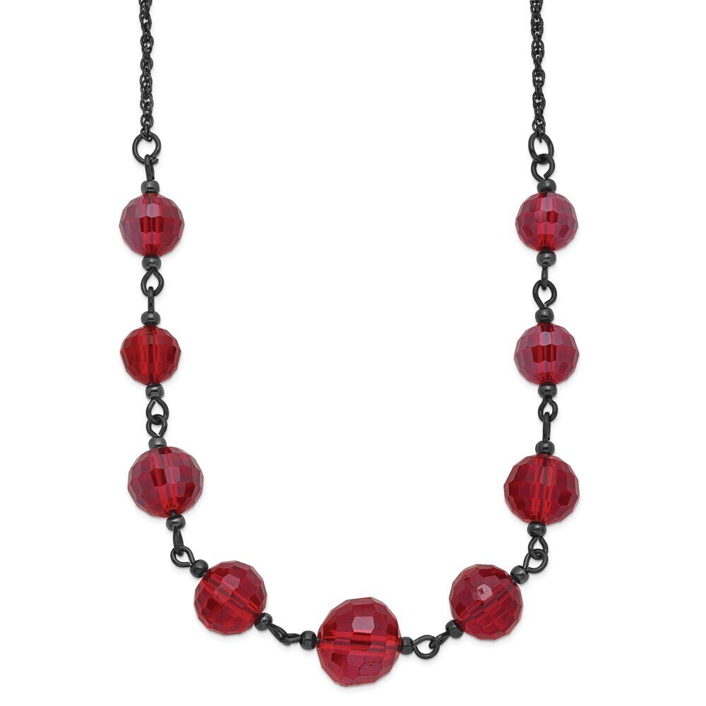 1928 Black-plated Red Glass Faceted Graduated Bead 16 inch Necklace with 3" ext